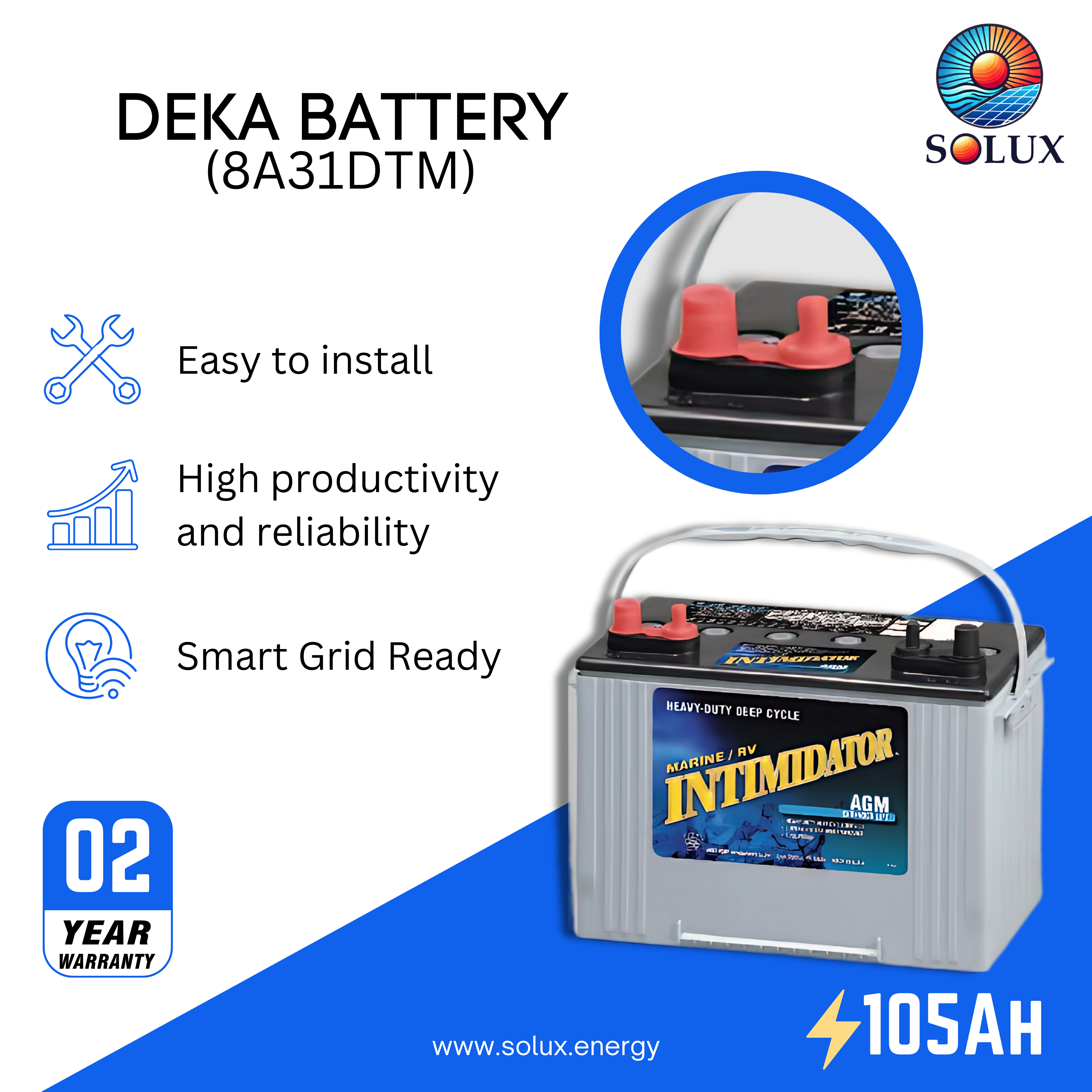 This is an image of MK Deka Intimidator Battery 8A31DTM 105Ah 12VDC Deep Cycle